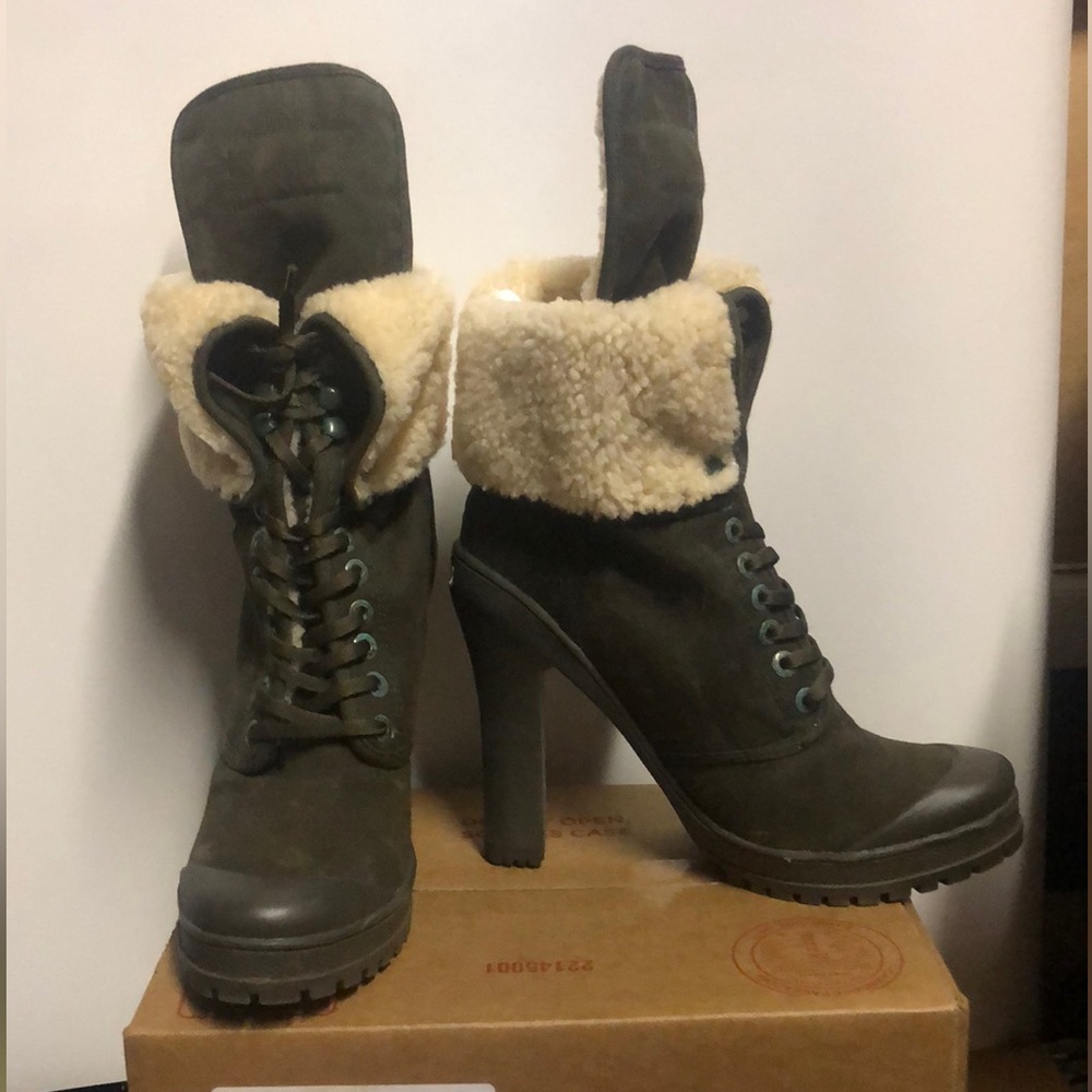A3DD Philip Simon Military Kevoik Heel Boots W/ Fur used w box SZ 10 khaki green